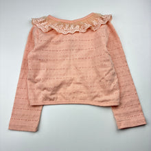 Load image into Gallery viewer, Girls coral, lightweight cardigan / top, floral lace trim, EUC, size 6,  