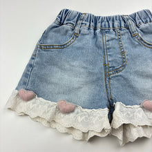 Load image into Gallery viewer, Girls blue, stretch denim shorts, elasticated, FUC, size 5,  