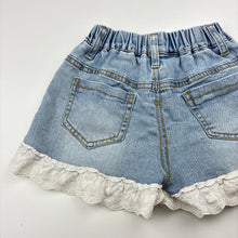 Load image into Gallery viewer, Girls blue, stretch denim shorts, elasticated, FUC, size 5,  