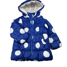 Load image into Gallery viewer, Girls Pumpkin Patch, blue &amp; white spot puffer jacket / coat, catches &amp; light marks, FUC, size 2,  