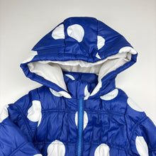 Load image into Gallery viewer, Girls Pumpkin Patch, blue &amp; white spot puffer jacket / coat, catches &amp; light marks, FUC, size 2,  
