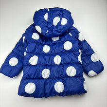 Load image into Gallery viewer, Girls Pumpkin Patch, blue &amp; white spot puffer jacket / coat, catches &amp; light marks, FUC, size 2,  