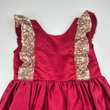 Load image into Gallery viewer, Girls lined, red satin &amp; sequin party dress, small mark back hem, FUC, size 6, L: 66cm