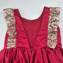 Load image into Gallery viewer, Girls lined, red satin &amp; sequin party dress, small mark back hem, FUC, size 6, L: 66cm