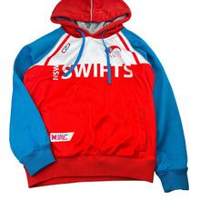 Load image into Gallery viewer, Girls SUNCORP SUPER NETBALL, NSW Swifts fleece lined hoodie sweater, small mark on front, FUC, size 10,  