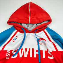 Load image into Gallery viewer, Girls SUNCORP SUPER NETBALL, NSW Swifts fleece lined hoodie sweater, small mark on front, FUC, size 10,  