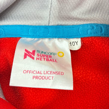Load image into Gallery viewer, Girls SUNCORP SUPER NETBALL, NSW Swifts fleece lined hoodie sweater, small mark on front, FUC, size 10,  