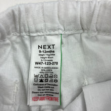 Load image into Gallery viewer, Unisex Next, white linen / cotton pants, elasticated, Inside leg: 26cm, EUC, size 0,  