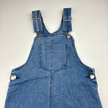 Load image into Gallery viewer, Girls Anko, blue stretch denim overalls dress / pinafore, GUC, size 4, L: 58cm