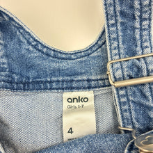 Load image into Gallery viewer, Girls Anko, blue stretch denim overalls dress / pinafore, GUC, size 4, L: 58cm