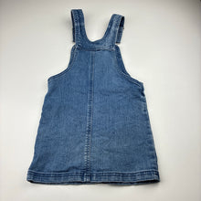 Load image into Gallery viewer, Girls Anko, blue stretch denim overalls dress / pinafore, GUC, size 4, L: 58cm