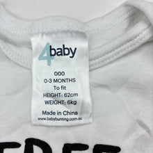 Load image into Gallery viewer, Unisex 4 Baby, white cotton bodysuit / romper, EUC, size 000,  
