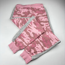 Load image into Gallery viewer, Girls THREADGIRLS, pink camo print fleece lined track pants, Inside leg: 61cm, FUC, size 9-10,  