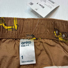 Load image into Gallery viewer, Boys Anko, lightweight cotton shorts, elasticated, diggers, NEW, size 1,  