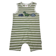 Load image into Gallery viewer, Unisex Sprout, striped stretchy romper, embroidered dinosaurs, EUC, size 1,  