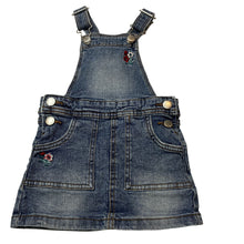 Load image into Gallery viewer, Girls 1964 Denim Co, embroidered stretch denim overalls dress / pinafore, GUC, size 1, L: 44cm