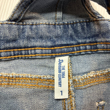 Load image into Gallery viewer, Girls 1964 Denim Co, embroidered stretch denim overalls dress / pinafore, GUC, size 1, L: 44cm