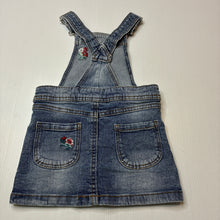Load image into Gallery viewer, Girls 1964 Denim Co, embroidered stretch denim overalls dress / pinafore, GUC, size 1, L: 44cm