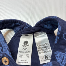 Load image into Gallery viewer, Boys Dymples, navy cotton shortalls / romper, fish, EUC, size 000,  