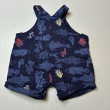 Load image into Gallery viewer, Boys Dymples, navy cotton shortalls / romper, fish, EUC, size 000,  