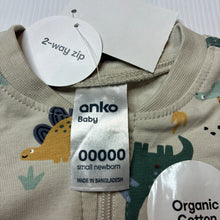 Load image into Gallery viewer, Unisex Anko, organic cotton blend zip romper, dinosaurs, NEW, size 00000,  