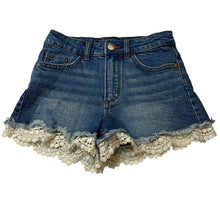 Load image into Gallery viewer, Girls 1964 Denim Co, lace trim stretch denim shorts, W: 30cm across, GUC, size 10,  