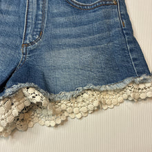 Load image into Gallery viewer, Girls 1964 Denim Co, lace trim stretch denim shorts, W: 30cm across, GUC, size 10,  