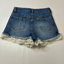 Load image into Gallery viewer, Girls 1964 Denim Co, lace trim stretch denim shorts, W: 30cm across, GUC, size 10,  
