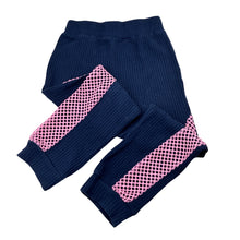 Load image into Gallery viewer, Girls Momi Mini, navy ribbed leggings / pants, mesh panels, elasticated, Inside leg: 39cm, EUC, size 4,  