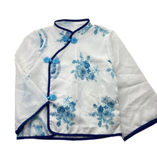 Load image into Gallery viewer, Girls lightweight, white &amp; blue floral top, no labels, armpit to armpit: 34.5cm, shoulder to cuff: 35cm, EUC, size 5-6,  