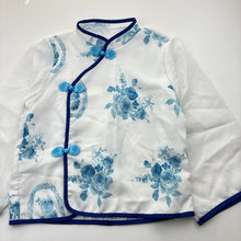 Load image into Gallery viewer, Girls lightweight, white &amp; blue floral top, no labels, armpit to armpit: 34.5cm, shoulder to cuff: 35cm, EUC, size 5-6,  