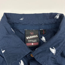 Load image into Gallery viewer, Boys Bauhaus, navy lightweight cotton short sleeve shirt, sharks, EUC, size 8,  