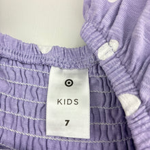 Load image into Gallery viewer, Girls Target, purple &amp; white spot cotton dress, GUC, size 7, L: 65cm