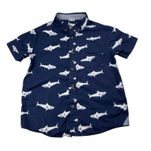 Load image into Gallery viewer, Boys navy, lightweight cotton short sleeve shirt, sharks, no size, armpit to armpit: 33.5cm, GUC, size 5-6,  