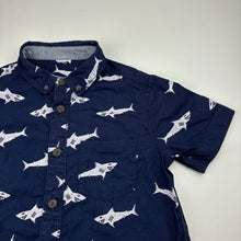 Load image into Gallery viewer, Boys navy, lightweight cotton short sleeve shirt, sharks, no size, armpit to armpit: 33.5cm, GUC, size 5-6,  