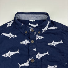 Load image into Gallery viewer, Boys navy, lightweight cotton short sleeve shirt, sharks, no size, armpit to armpit: 33.5cm, GUC, size 5-6,  