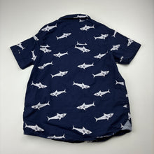 Load image into Gallery viewer, Boys navy, lightweight cotton short sleeve shirt, sharks, no size, armpit to armpit: 33.5cm, GUC, size 5-6,  