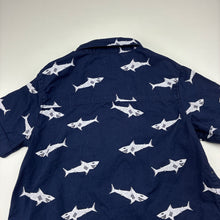Load image into Gallery viewer, Boys navy, lightweight cotton short sleeve shirt, sharks, no size, armpit to armpit: 33.5cm, GUC, size 5-6,  