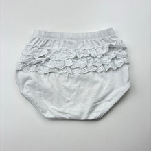 Load image into Gallery viewer, Girls Dymples, white ruffle nappy cover / bloomers, FUC, size 2,  