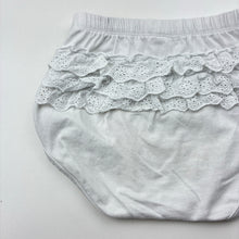 Load image into Gallery viewer, Girls Dymples, white ruffle nappy cover / bloomers, FUC, size 2,  