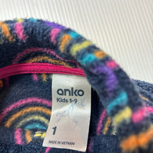 Load image into Gallery viewer, Girls Anko, fleece zip up sweater / jumper, rainbows, FUC, size 1,  