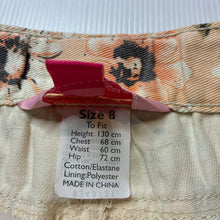 Load image into Gallery viewer, Girls Pink Sugar, floral stretch denim shorts, adjustable, light purple marks, FUC, size 8,  