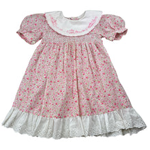 Load image into Gallery viewer, Girls ROCKING HORSE, vintage smocked lightweight floral dress, *small marks &amp; missing stitches on collar*, FUC, size 1, L: 47cm