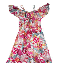 Load image into Gallery viewer, Girls Piping Hot, colourful floral hi-lo summer dress, EUC, size 7, L: 67cm at front