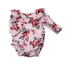 Load image into Gallery viewer, Girls Dymples, stretchy floral ruffle romper, FUC, size 000,  