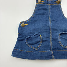 Load image into Gallery viewer, Girls Target, soft feel knit denim overalls dress, EUC, size 000, L: 30cm