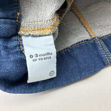 Load image into Gallery viewer, Girls Target, soft feel knit denim overalls dress, EUC, size 000, L: 30cm