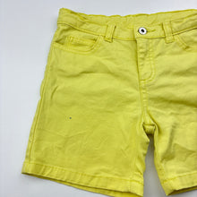 Load image into Gallery viewer, Girls Fun Spirit, yellow stretch denim shorts, adjustable, mark front right leg, FUC, size 6,  