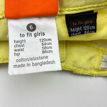 Load image into Gallery viewer, Girls Fun Spirit, yellow stretch denim shorts, adjustable, mark front right leg, FUC, size 6,  