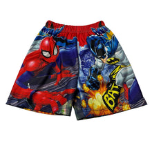 Load image into Gallery viewer, Boys purple, lightweight shorts, elasticated, Spiderman &amp; Batman, no size, W: 20cm across unstretched, EUC, size 3,  